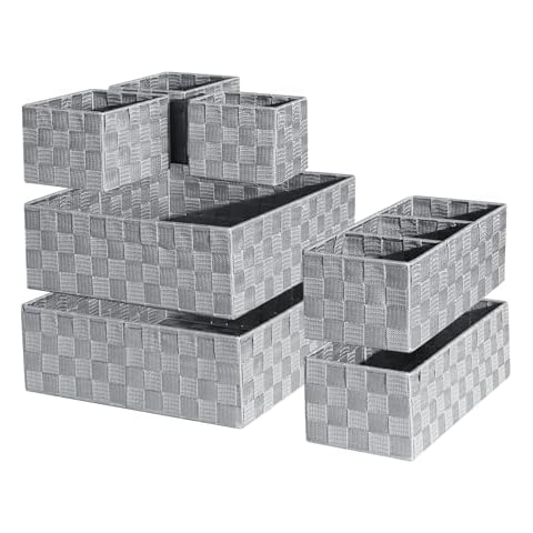 ORGMASTER Drawer Organizer, Cube Baskets for Storage Shelves, Handmade Small Woven Basket, Shallow Storage Bins for Organizing Desk, Dresser, Kitchen, Pantry, Nested 7 Pack, Gray Cover