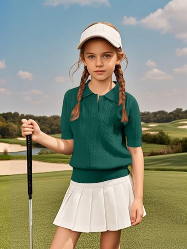 Image of Girls Short Sleeve Polo Shirt Summer Knit School Uniform Blouse V Neck Cable Pullover Sweater Tops 5-14 Years