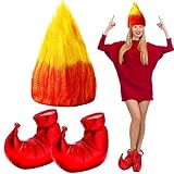 WinnerWhy 2 Pcs Flame Fire Wig and Elf Shoes Set Churl Cosplay Costume Anger Wig Orange Ombre Wig for Men Women Halloween Flame Shape Wig Elf Costume for Halloween Adult Party Supplies