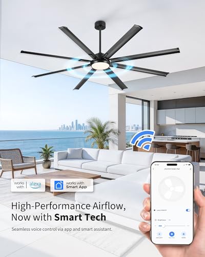 Image of 84 Inch Industrial Ceiling Fan with Light, Large Ceiling Fan with 8 Aluminum Blades, Works with Alexa, 6-Speed Reversible DC Motor, 3 CCT Settings, Ideal for Covered Outdoor Spaces, CF04BK-84