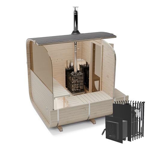 AZS-ENGINEERING 2QL Panorama Fasssauna Gartensaunas Garten Outdoor Sauna aus Fichtenholz – Verschiedene Größen (4–6 Personen) – mit Holzofen ETNA