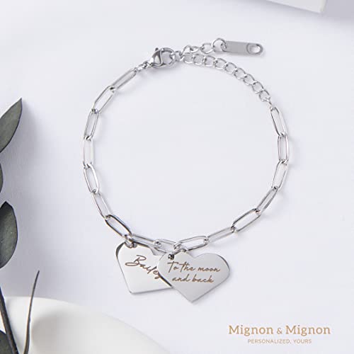 Mignonandmignon Paperclip Chain Bracelet Personalized For Her Custom Engraved Heart Pendant Bracelet Gold Charm Jewelry Custom Mothers Day Gift Unique Link Bracelet -P-Br-Lh #TOP4