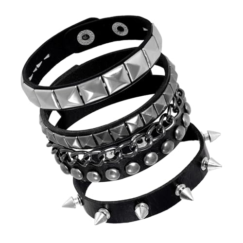 3 Pcs Halloween Leather Punk Bracelet Punk Rock Leather Bracelets for Women 80s Goth Rock Wristband Cuff Adjustable Wrap Wrist Cuffs