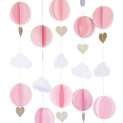 Hot Air Balloon 3D Paper Garland Baby Room Nursery Decor, Baby Shower (5 Individual Strands, 3 Ft Long Per Strand) - Pink, White & Gold Glitter