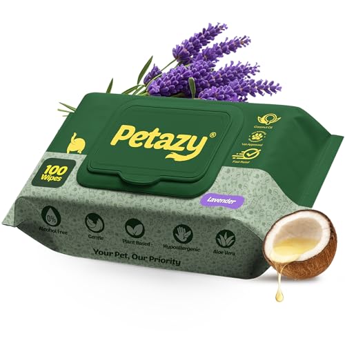 Petazy Dog Wipes for Paws and Butt – 100 Count (8x8in) Hypoallergenic, Deodorizing Pet Wipes for Dogs and Cats | Extra Large, Plant-Based, Lavender Scented | Travel Size, Single On-the-Go Pack