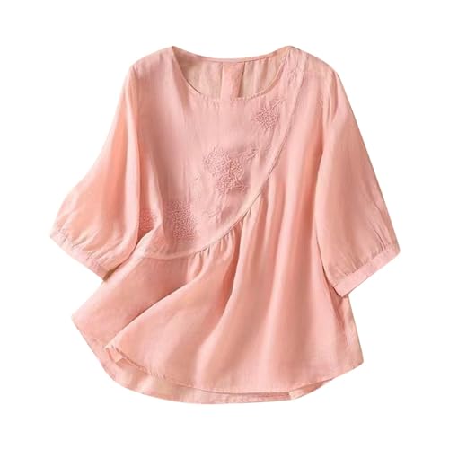 2025 - Primavera/Verano Mujer Bordada Cuello Redondo Manga Larga Camiseta Vintage Bohemia Corte Holgado Aplique Floral Top Top Escote Mujer, Rosa., L