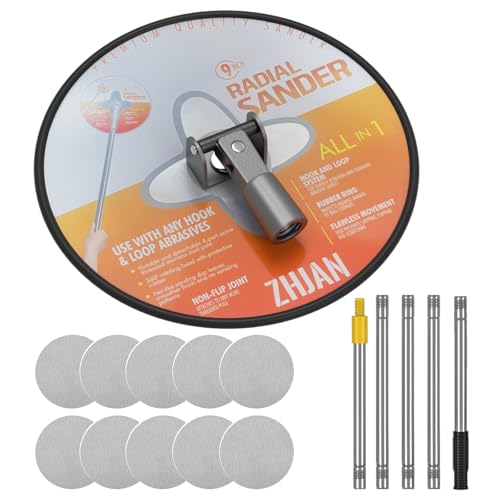 ZHJAN Ponceuse à Plâtre sur Perche - Tête Radiale Ronde 9 Pouces, Rotation 360° avec Manche Telescopique, pour Murs et Plafonds, 10 Feuilles Abrasives...
