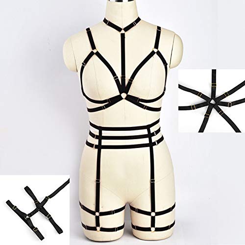 LIVE4COOL Women Harness Cupless Cage Bra Set Elastic Lingerie for Women Adjustable Hollow Out Strappy Set Sexy Strap Belt: Black2