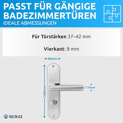 lockzz Türgriff Drückergarnitur Nürnberg Edelstahl Matt Gebürstet – Langschild L-Form für Badezimmertüren & WC – Badtürbeschlag Set mit WC-Riegel & Hochhaltefeder – Renovierungsgarnitur Innentür