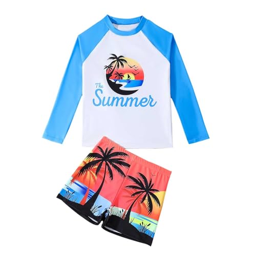 Traje de baño de dos piezas estilo playa para niño, camiseta de manga larga y shorts de baño con estampado de palmeras y atardecer, secado rápido, UPF 50+, ideal para surfear en la piscina.#51