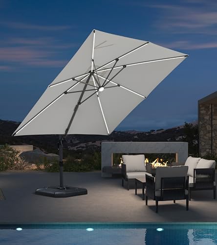 Image of PURPLE LEAF Cantilever Patio Umbrella 10' x 10' with Solar LED Light, White