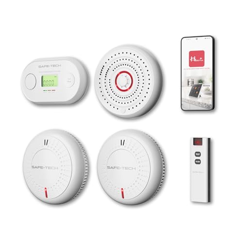 SAFE TECH Smoke Alarm, Interlinked Smoke and Heat Alarm Scotland Bundle with Remote Controller, 10 Year Battery Interconnected Carbon Monoxide Detector & Heat Detector for Kitchen
