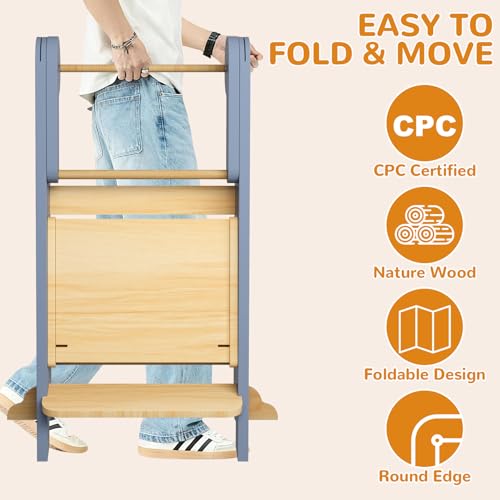 Image of ROOMTEC Foldable Toddler Kitchen Tower, 3 Adjustable Height Wooden Step Stool, Toddler Standing Tower with Safety Net (Gray)