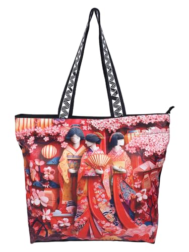 WOTM On The Move Tote | Premium Printed Cotton Canvas Tote Bag with Zipper & Inside Pocket, Stylish Everyday Travel Bag for Work, College, Office, Travel, Shopping (Japan)