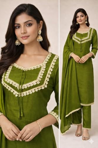 Image of Women's Ethnic Kurta Pant Suit Set, Lace Embellished Kurta with Palazzo Pants and Dupatta.