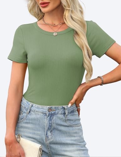 GKBK Crew Neck Short Sleeve Tops for Women Ribbed Fitted Tight Shirts Layering Top Basic Tee Tshirts Cute Summer Tops Casual Spring Clothes Outfits 2026 Trendy Light Green — view 3