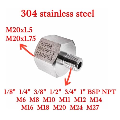 Reductor hexagonal M20 acero 304 adaptador macho M6 M8 1/4 NPT 1/8 BSPP 3