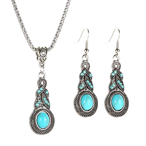 Women Tibetan Silver Turquoise Earrings Necklace Blue Stone Jewelry Decor Gift