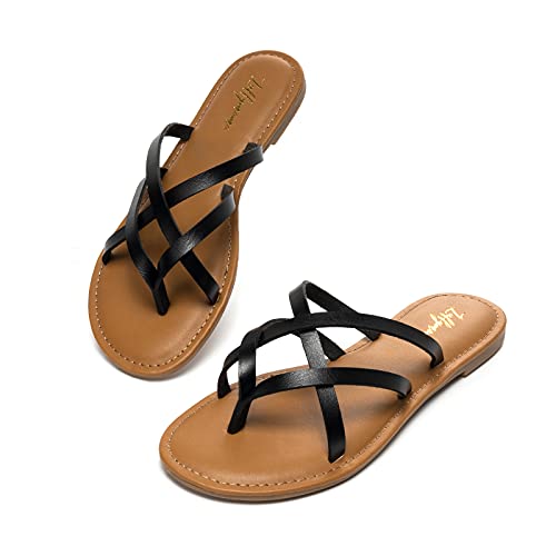 Luffymomo Women's Elastic Strap Flat Sandals Casual Summer Open Toe Sandal(9 M Us Black) #TOP2