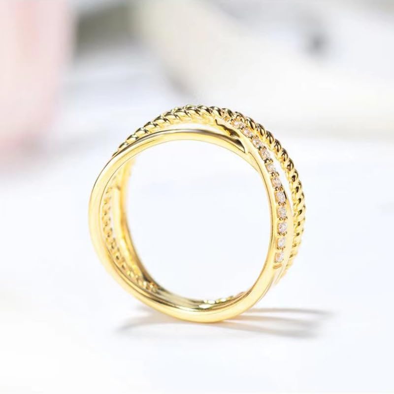 18K White Gold Plated X Ring Simulated Diamond CZ Criss Cross Ring Vintage Cross Ring in Gold Design with Multiple Layers for Women Statement Promise Ring Size 9