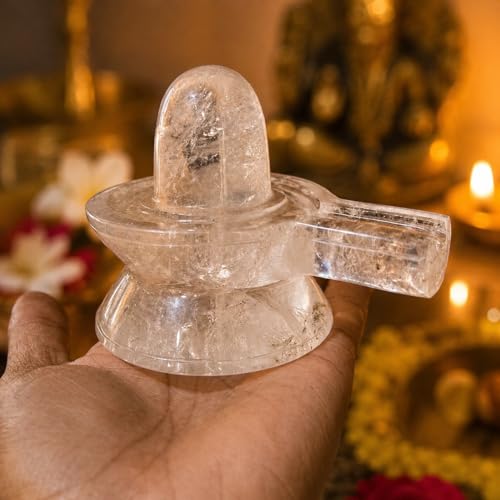 Image of Original Natural Sphatik Carat (Ct) Shivling Yoni Base (Jalhari) | Spatika Lingam Jaladhari | Clear Quartz Crystal Shiva Lingam Abhishekam, Pooja Meditation | Vastu Spiritual Idol (450 Grams)