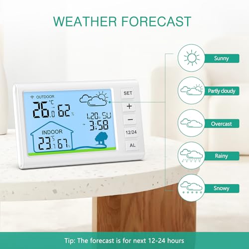 ORIA Weather Station, Wireless Indoor Outdoor Thermometer with Clock, Wireless Temperature and Humidity Gauge Monitor with 5 Weather Forecasts, Alarm, Snooze, Time, Date, for Home, Garden, Hotel