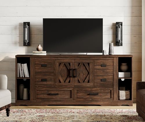 For Up To 75 Inch Tv,wooden Entertainment Center With 6 Drawers And 2 Barn Doors, Long Tv Console Table With Adjustable Shelves For Living Room,bedroom,rustic Brown