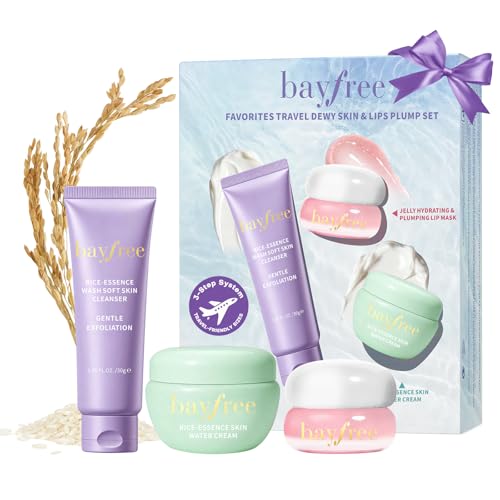 bayfree Favorites Travel Dewy Skin & Lips Plump Set Hydrating Korean Skin Care Set with Rice-Essence Wash Water Cream & Lip Mask Gentle Vegan Skincare Gift Set for Girls Women Glowing Skin