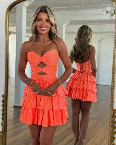 Tiered Ruffle Homecoming Dresses Short for Teens Strapless Keyhole Sparkly Beaded Homecoming Dresses HOCO Dress 20253