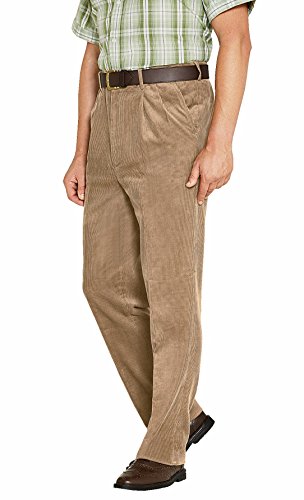 Mens Luxury Cotton HIGH-Rise Corduroy Adjustable Pleated Trouser Pants Fawn 36W / 31L
