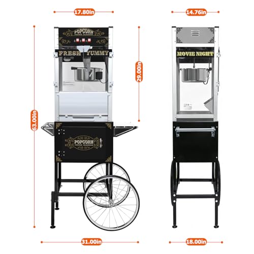 Image of Commercial Popcorn Machine with Cart & Wheels - 26OZ Stainless Steel Kettle Vintage-Style Popper with Tempered Glass Pop corn Machine Maker for Home, Parties, Movie Theater, Black