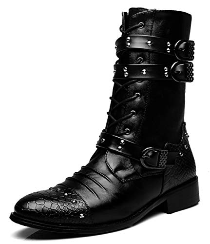 Santimon Men's Boots Retro Studded Rivet Buckle Zipper Western Motorcycle Combat Boot Heavy Metal Punk Rock Black