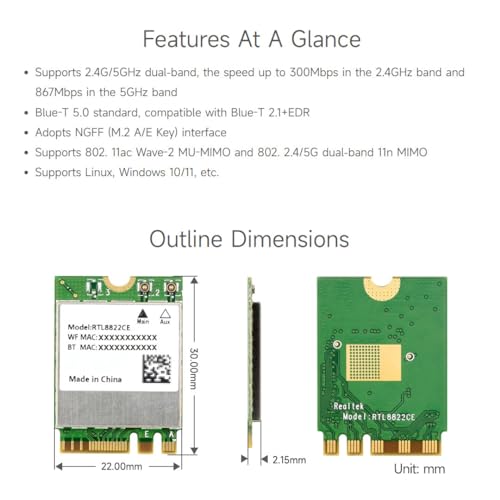 Waveshare RTL8822CE Wireless NIC, WiFi 5 Doble Banda 2.4G/5GHz, Bluetooth 5.0, Compatible con Linux y Windows 10/11 miniatura 4