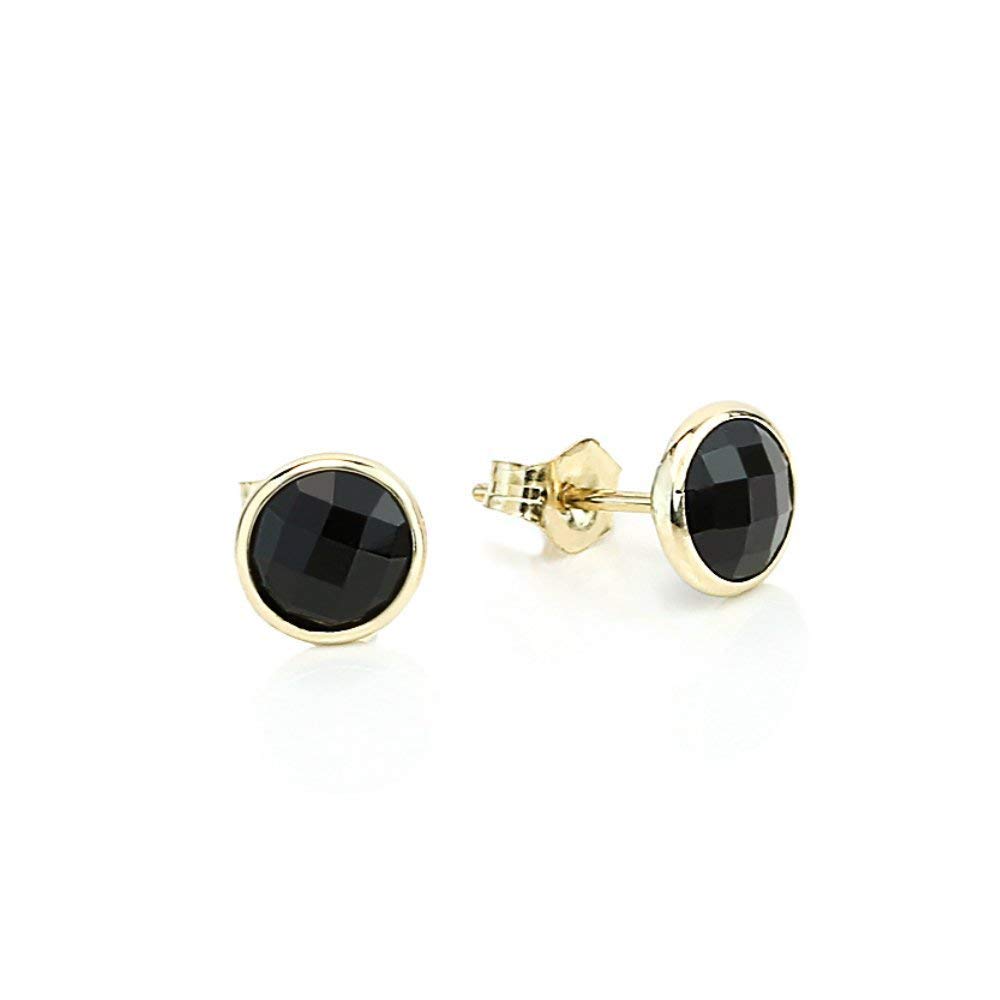 14K Yellow Gold Handmade Gemstone Stud Earrings With 6 MM Round Black Onyx Gemstones