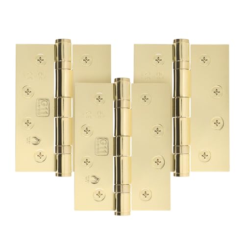 EAI Brass Door Hinges | 4 Inch / 102mm Polished Brass Internal Fire Door Hinges | 1.5 Pairs