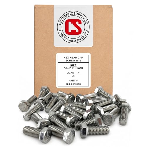 Chenango Supply 3/8-16 x 1 Stainless Steel Hex Head Bolts – 304 Stainless, USS Coarse Thread, 100,000–125,000 PSI Tensile Strength, Corrosion-Resistant Hardware Bolts, (25 Pieces, 3/8-16 x 1)