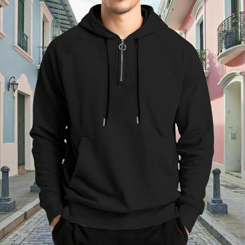Mens Hoodie Sweatshirt with Pocket Quarter Zip Long Sleeve Solid Color Pullover Shirt Autumn Winter Warm Comfy Tops Plus Size2