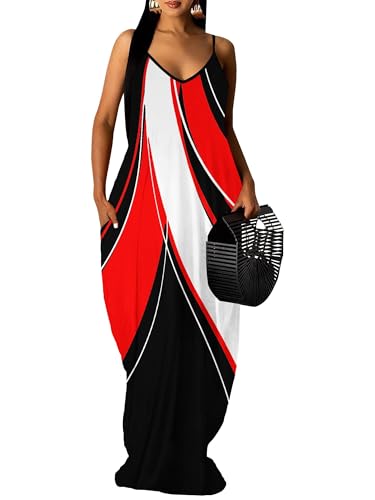EQQZD Women's Spaghetti Strap Geometric Maxi Dress Summer Casual Flowy Long Sun Dresses with Pockets Sleeveless Ankle Length Outfit Plus Size