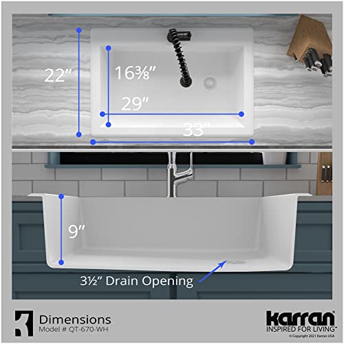 Karran Qt-670 Drop-In Quartz Composite 33 In. 1-Hole Single Bowl Kitchen Sink In White #TOP1