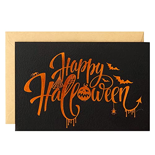 Halloween Cards - 24 Pack Black Happy Halloween Greeting Cards In Texture Finish With Orange Foil Lettering - Includes 26 Kraft Envelopes - 4" X 6" Blank Inside #TOP5
