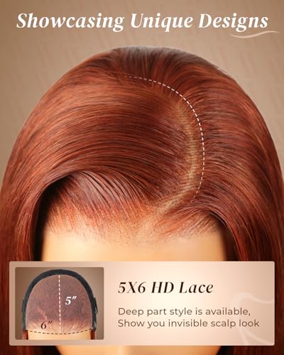 Image of Arabella Reddish Brown 5x6 HD Lace Wear and Go Glueless Wigs Human Hair Pre Plucked Pre Cut Auburn Stragiht Color Lace Front Wigs Human Hair 12A 230% Density Bleached Tiny Knots 26 inch
