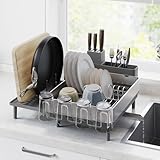 SONGMICS Large Dish Drying Rack, Expandable Dish Dryer for Kitchen Counter, Stainless Steel Dish Rack with Rotatable Spout, Utensil, Cup, Glass, Cutting Board, Pan Holders, Silver and Gray UKCS037G01