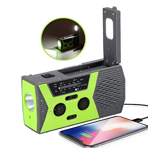 Radio De Emergencia Portátil, Solar Radio Am/FM/NOAA Radio de manivela Recargable USB portátil con Banco de energía de 2000 mAh Linterna LED Alarma SOS y luz de Lectura para Camping Viajes (Verde)