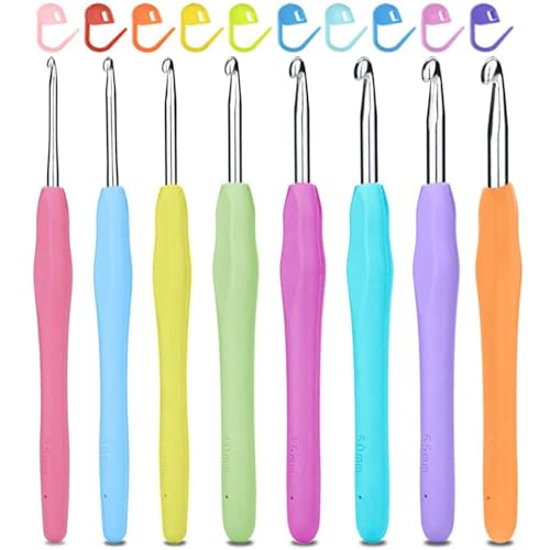 Image of VIRADHAM Crochet Hooks Set of 9 - Aluminum Crochet Needles with Soft Rubber Handles And Stitch Markers - Ergonomic Kit for Arthritic Hands - Comfortable Grip Yarn Craft Tools for All Skill Levels (9 Pcs Multicolor)