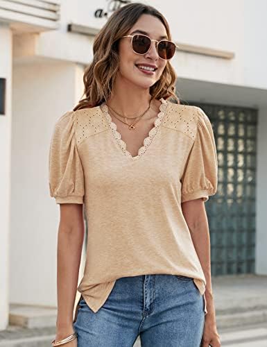 Rapbin T-Shirts Womens Casual Lace V Neck Tee Shirts Loose Puff Short Sleeve Tops Blouse 2 Rapbin T-Shirts Womens Casual Lace V Neck Tee Shirts Loose Puff Short Sleeve Tops Blouse