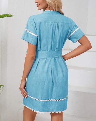 Image of Women's Summer Shirt Dress Short Sleeve Button Down Mini Tie Waist Belted Tunic with Pockets RIC Rac Trim