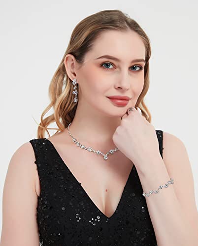 Udylgoon Crystal Rhinestone Necklace Earrings Bracelet Jewelry Set Wedding Prom (Silver) #TOP2