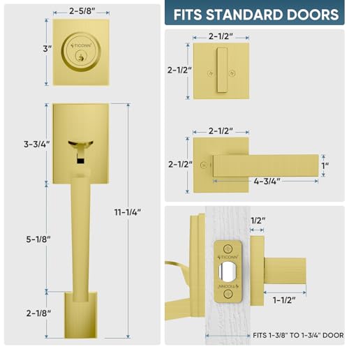 Image of TICONN Double Front Door Handle Set, Heavy Duty Square Door Lever and Single Cylinder Deadbolt Combo for Side by Side Entrance Exterior Doors (Satin Brass)