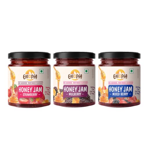 Eatopia Mixed Berry, Strawberry & Mulberry Honey Jam, Pack of 3 (720g) | Refined Sugar Free Jam With 70% Real Fruits & Pure Honey | No Added Flavours,