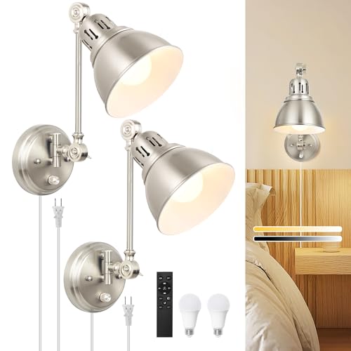 Image of 2 Pack Plug in Wall Sconces with Remote Control, Dimming, Adjustable Colors 2700K-6500K, Swing Arm Wall Lamps with Night Light & Timer, Plug-in or Hardwired, LED Bulbs Included, Brushed Nickel